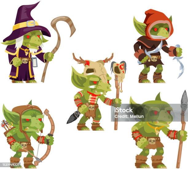 Evil Goblins Pack Dungeon Dark Wood Tribe Monster Minion Army Fantasy Medieval Action Rpg Game Characters Isolated Icons Set Vector Illustration Stock Illustration - Download Image Now