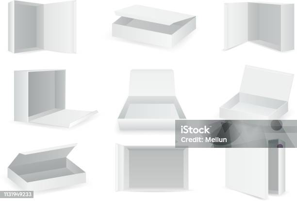 White Paper Cardboard Package Boxes Isometric Open Empty Pack Box Isolated Icons Set Realistic Template Design Vector Illustration Stock Illustration - Download Image Now