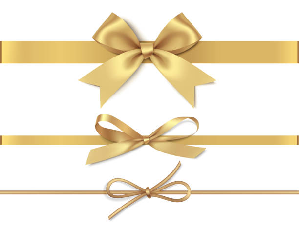 Set of decorative golden bows with horizontal yellow ribbon isolated on white background. Vector illustration Holiday decorations gold colored illustrations stock illustrations