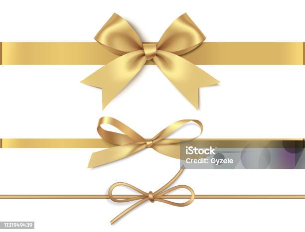 Set Of Decorative Golden Bows With Horizontal Yellow Ribbon Isolated On White Background Vector Illustration Stock Illustration - Download Image Now