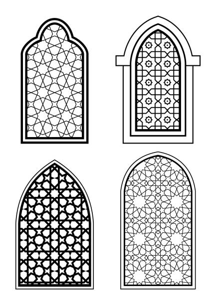 검은 색과 흰색 이슬람 아치의 집합입니다. 아랍 전통 건축 - morocco islam pattern arabia stock illustrations