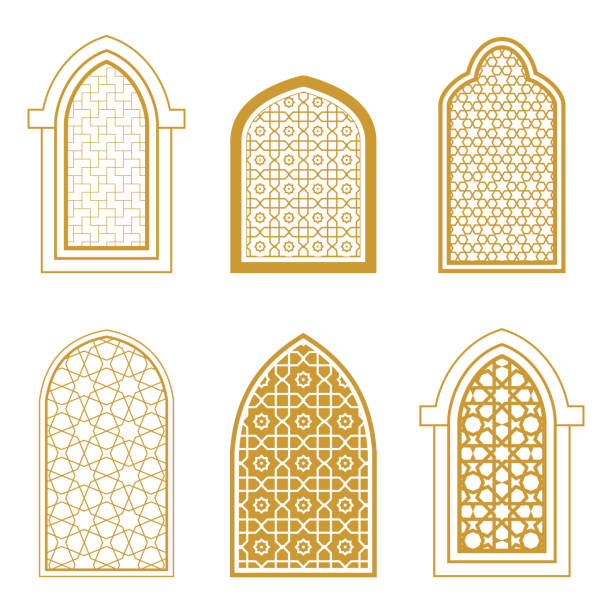 zestaw okien ozdobnych w stylu arabskim - łuk element architektoniczny stock illustrations