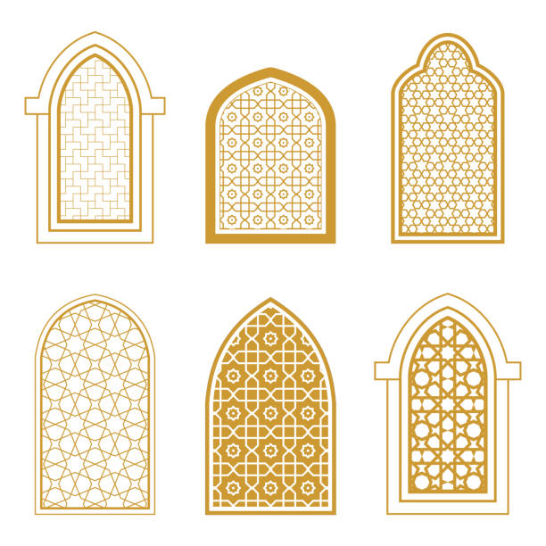 Set of ornamental windows in arabic style Set of ornamental windows in arabic style. For greeting card, coloring page, islamic design arch architectural feature stock illustrations