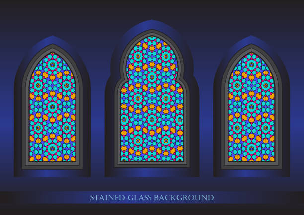 고대의 스테인드 글라스 장식 창 - stained glass church window glass stock illustrations