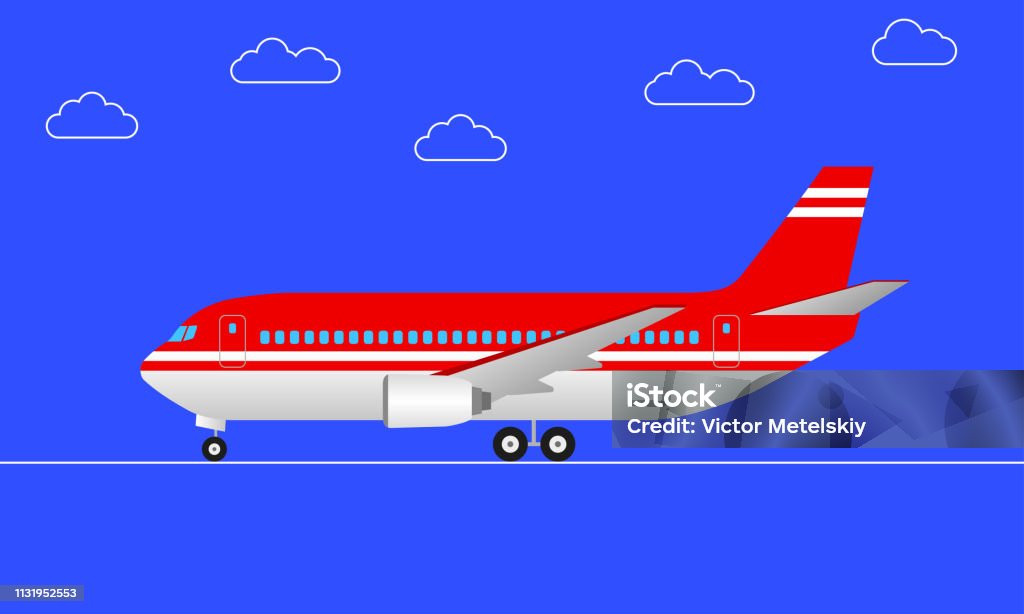 Plane in cartoon style. Side view. Passenger airplane with wheels. Vector illustration. Airplane stock vector