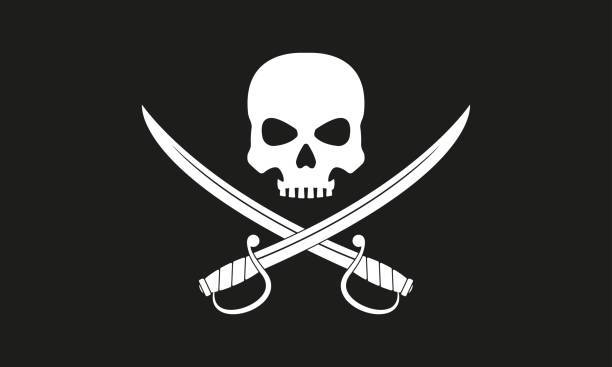 illustrazioni stock, clip art, cartoni animati e icone di tendenza di bandiera pirata. jolly roger con spade incrociate.  il teschio e due sciabole o spade scimitarie. illustrazione vettoriale. - pirate corsair cartoon danger