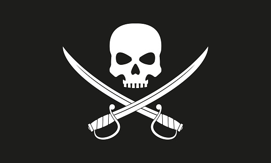 istock Pirate flag. Jolly Roger with crossed swords.  The skull and two sabers or scimitar swords. Vector illustration. 1131952571