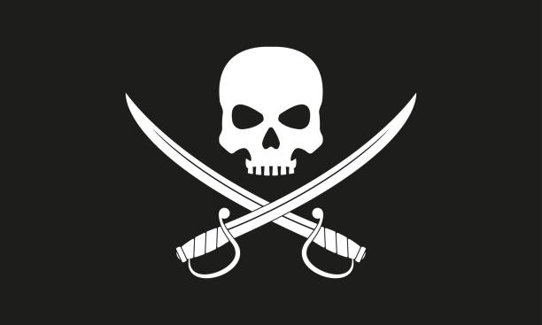 Pirate flag. Jolly Roger with crossed swords.  The skull and two sabers or scimitar swords. Vector illustration. Pirate flag. Jolly Roger with crossed swords.  The skull and two sabers or scimitar swords. Vector illustration. pirate criminal illustrations stock illustrations