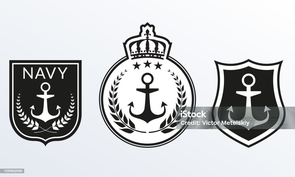 Navy badges set. Marine Patches logo collection. Nautical emblems with Shield and Anchor. Vector illustration. Seal - Stamp stock vector