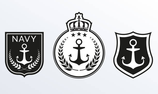 Navy badges set. Marine Patches logo collection. Nautical emblems with Shield and Anchor. Vector illustration. Navy badges set. Marine Patches logo collection. Nautical emblems with Shield and Anchor. Vector illustration. marines navy sea captain stock illustrations