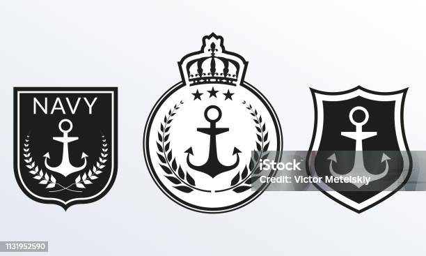 Navy Badges Set Marine Patches Logo Collection Nautical Emblems With Shield And Anchor Vector Illustration Stock Illustration - Download Image Now