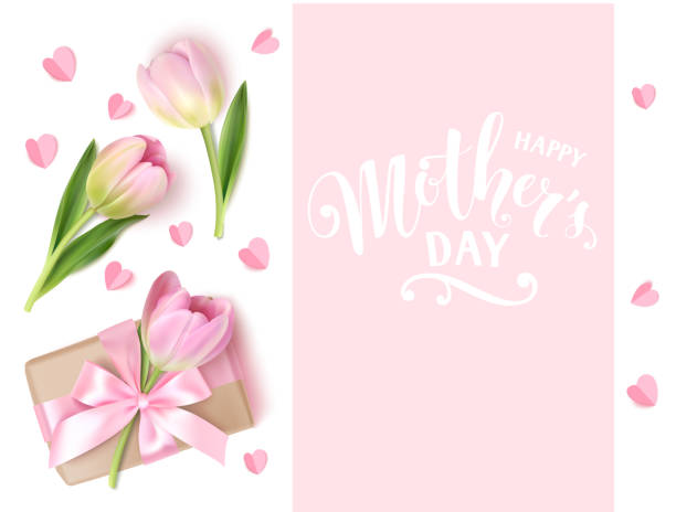 ilustrações de stock, clip art, desenhos animados e ícones de happy mother's day. holiday design template. calligraphic lettering text with decorative gift box and tulip flowers. vector illustration - mother gift