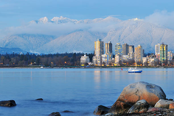 Twilight view of North Vancouver from Coal Harbor and Burrard Inlet , British Columbia