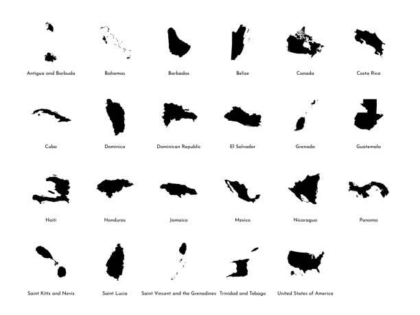 Vector illustration set with simplified maps of all North America states (countries: USA, Mexico, Bahamas, Canada, Costa Rica, Cuba and others) Vector illustration set with simplified maps of all North America states (countries: USA, Mexico, Bahamas, Canada, Costa Rica, Cuba and others). Black silhouettes, white background. Alphabet order grenada caribbean map stock illustrations