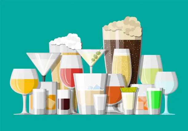 Vector illustration of Alcohol drinks collection in glasses.