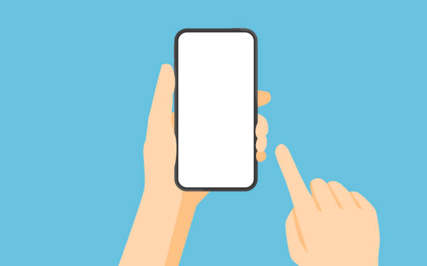 Hand holding smartphone and touching screen Hand holding smartphone and touching screen. hand holding phone white background stock illustrations