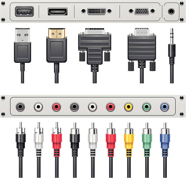 ilustraciones, imágenes clip art, dibujos animados e iconos de stock de conectores de vídeo y audio - cable audio equipment electric plug computer cable