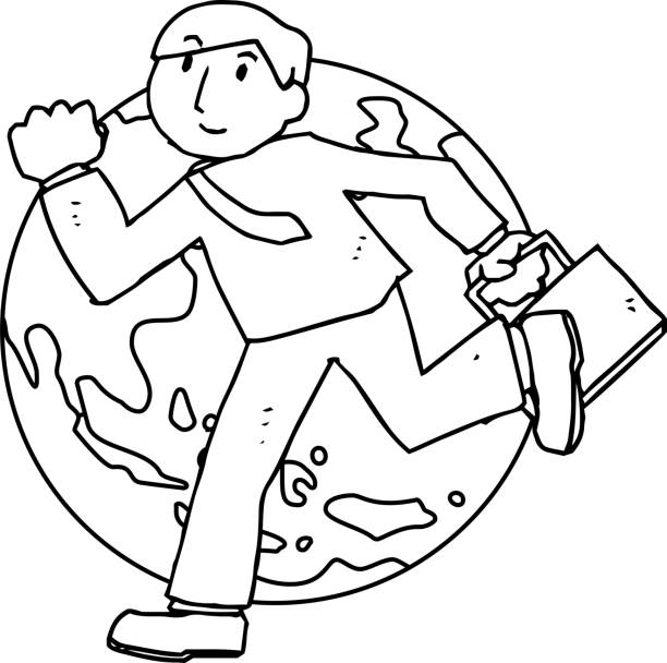 Illustration of a running businessman outline This is a rough sketch of a businessman who travels. 世界地図 stock illustrations