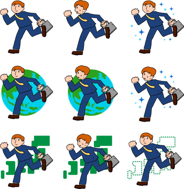 Illustration of a running businessman set This is a rough sketch of a businessman who travels. 世界地図 stock illustrations