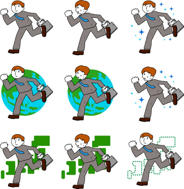 POP Illustration of a running businessman set This is a rough sketch of a businessman who travels. 世界地図 stock illustrations