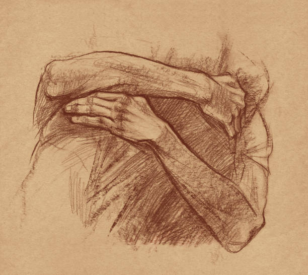 Embrace Hands of a person hugging another person (Drawing by pastels on brown paper) rough hands man stock illustrations