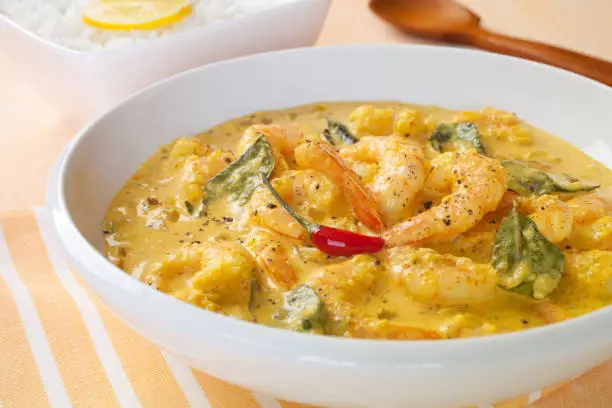 Prawn Shrimp Curry  - prawns or shrimps cooked in coconut milk and spices, served with basmati rice.