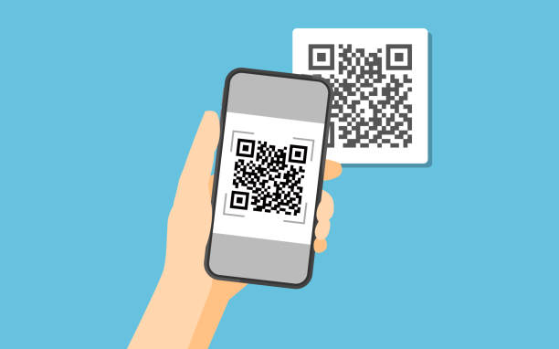Hand holding smartphone to scan QR code on paper for detail vector art illustration