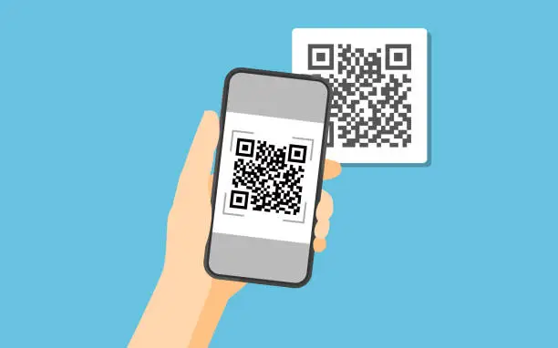 Vector illustration of Hand holding smartphone to scan QR code on paper for detail