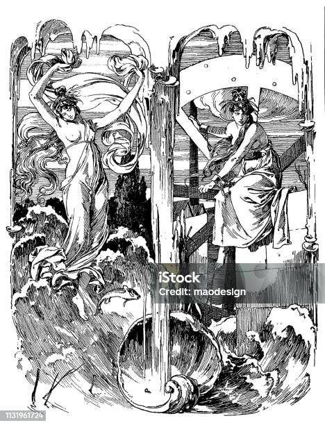 Mystical Scenes From The Flood 1896 Stock Illustration - Download Image Now - Flood, Nautical Vessel, 1895