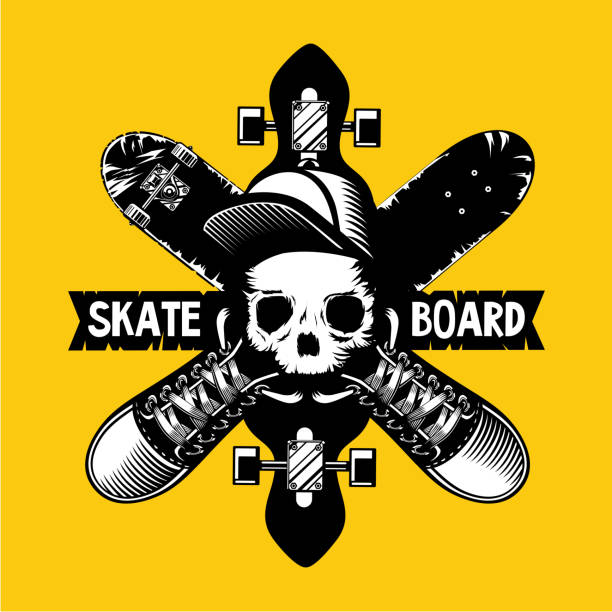 Skateboard vector emblem with skull and boards. Skateboard vector emblem with skull and boards. Tattoo style vector illustration on isolated background. wheel cap stock illustrations