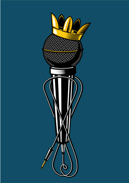 illustrazioni stock, clip art, cartoni animati e icone di tendenza di microfono con corona dei re. - rock and roll illustrations