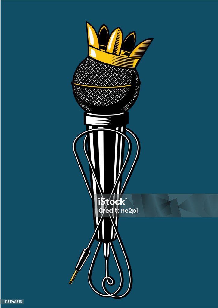 Microphone with kings crown. Microphone with kings crown. Vintage music poster. Musical sign with mic. Rap stock vector