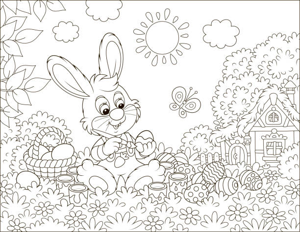 kleiner hase malt ostereier - baumwollschwanzkaninchen stock-grafiken, -clipart, -cartoons und -symbole