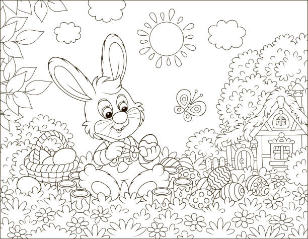 ilustrações, clipart, desenhos animados e ícones de ovos de easter da pintura do coelho pequeno - easter egg paint black and white drawing