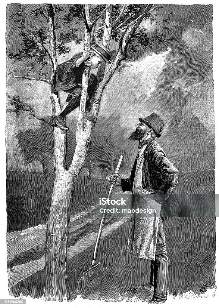 Grandfather is talking to his grandson who is sitting on a tree - 1896 Engraved Image stock illustration