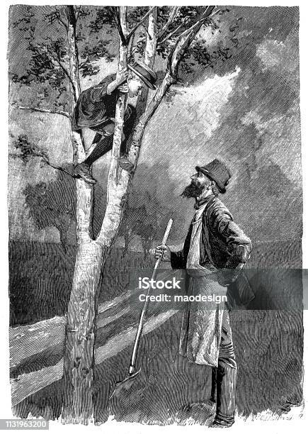 Grandfather Is Talking To His Grandson Who Is Sitting On A Tree 1896 Stock Illustration - Download Image Now