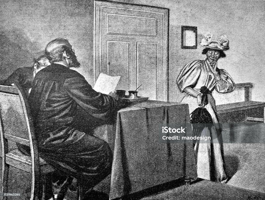 Shameful woman in court - 1896 1895 stock illustration