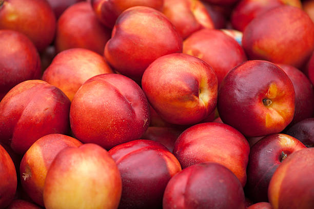 свежие nektarine на рынке - nectarine peach red market стоковые фото и изображения