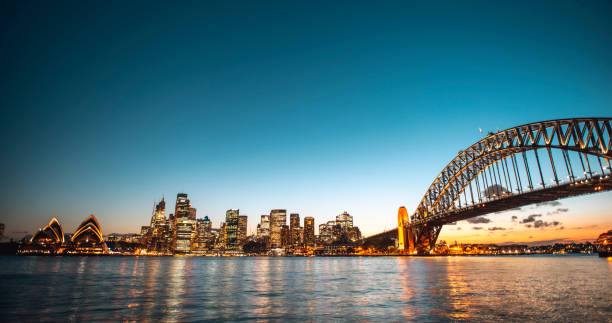 Landscape view of the Sydney Harbor Bridge in the evening Landscape view of the Sydney Harbor Bridge in the evening sydney skyline sunset stock pictures, royalty-free photos & images