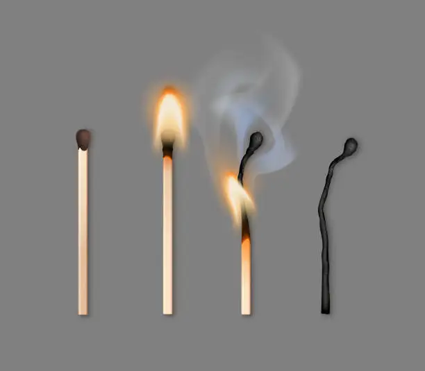 Vector illustration of Vector illustration of different phases of burning matches isolated on background