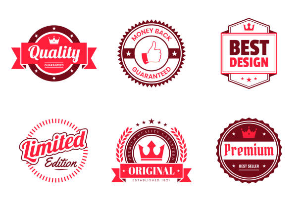 illustrazioni stock, clip art, cartoni animati e icone di tendenza di set di badge ed etichette rosse - elementi di design - stemma logo