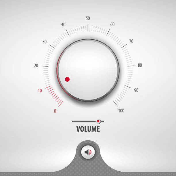 volume for media player volume for media player containing: two audio app designs, volume control knob, 3d button, textured pattern, stainless steel background, eps10 vector illustration volume knob stock illustrations