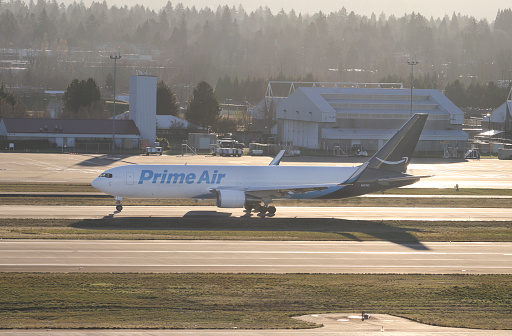 Portland, OR - December 2017: Prime Air Boeing 767 operated by Atlas Air taxiing to the runway before take off.