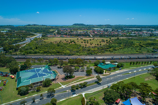 Aerial landscape of Campbelltown and HJ Daley Library in New South Wales, Australia