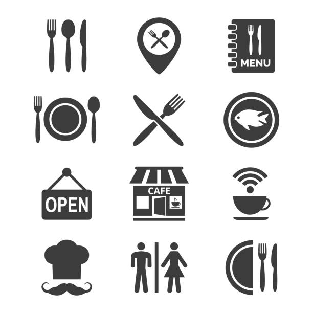 restaurant und café-ikonen auf weißem hintergrund. - silverware fork dishware spoon stock-grafiken, -clipart, -cartoons und -symbole