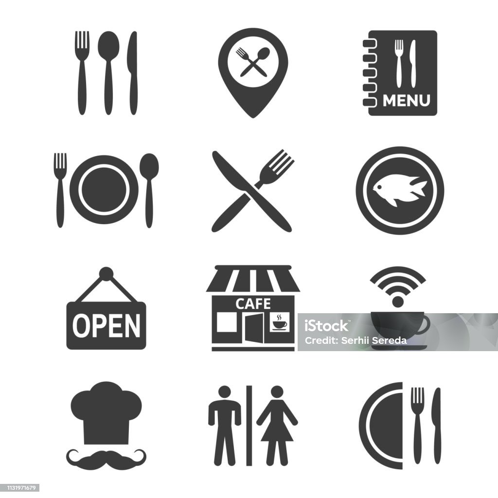 Icone di ristoranti e caffetterie incastonate su sfondo bianco. - arte vettoriale royalty-free di Icona