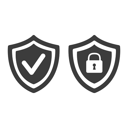 Shield with security and check mark icon on white background. Vector illustration