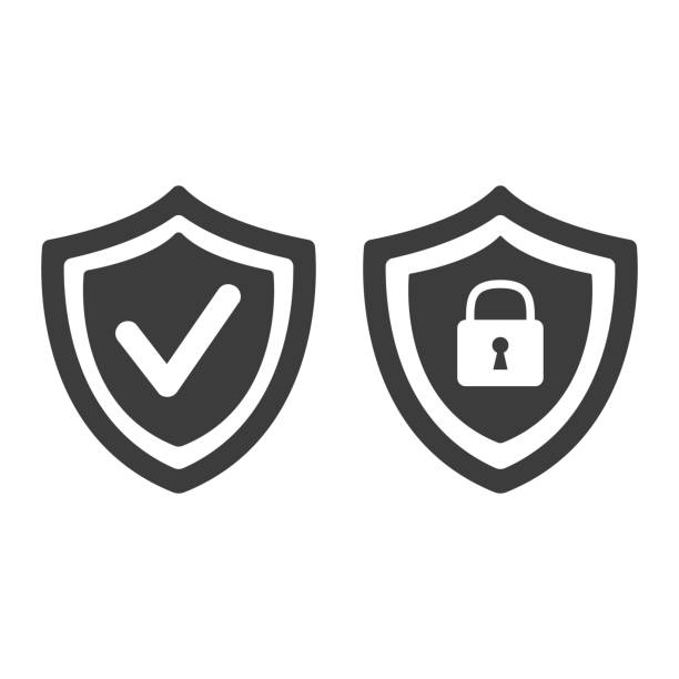 Shield with security and check mark icon on white background. Shield with security and check mark icon on white background. Vector illustration defending stock illustrations