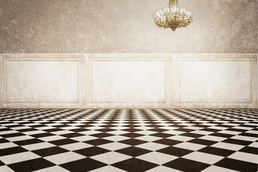 empty elegant retro room, black and white square tiles floor, chandelier