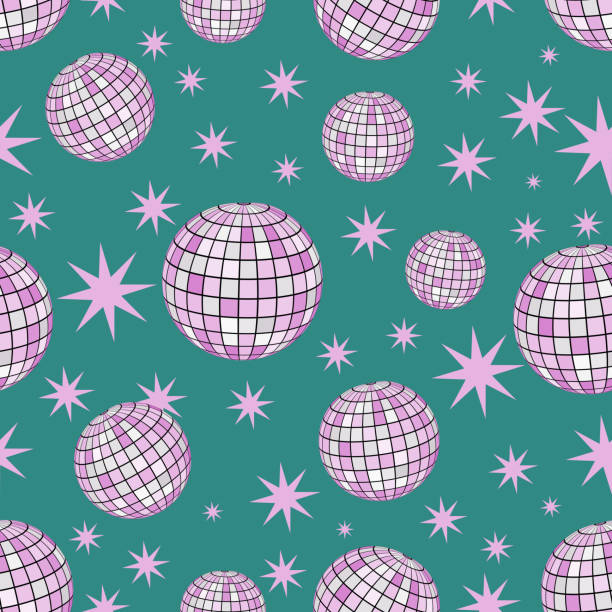 illustrations, cliparts, dessins animés et icônes de disco ball motifs sans soudure pour la conception de discothèque. modèle élégant avec la boule disco colorée sur le fond vert. vecteur. illustration vectorielle - backgrounds nightclub disco ball disco